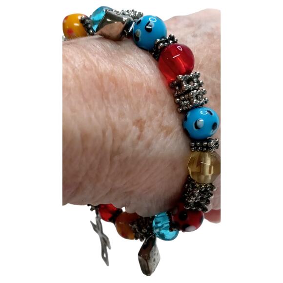 🌈 Multicolor Lampwork Bracelet w/ Cross Charms | Boho VTG Stretch - Picture 5 of 12
